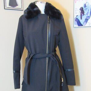 VIA SPIGA Assymetrical Zip Coat Mid Length Black Faux Fur Size Small